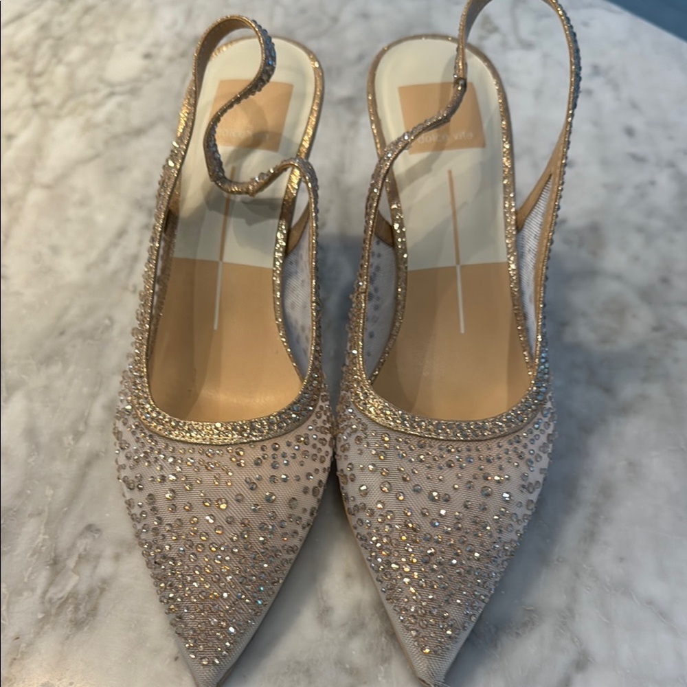 Elegant Rhinestone Slingback Pointed Toe Heels - Champagne